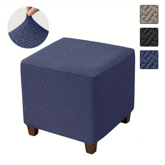 Jacquard Ottoman Cover Square Thick Stretch Footstool Cover Print Square Stool Cover with Elastic Bottom,Medium,Navy