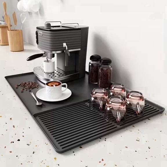 Silicone Coffee Mat 23.6'' X 15.7'' Bar Mats for Countertop Non-Slip Espresso Matt for Counter with Detachable Dish Drying Mat(Black)