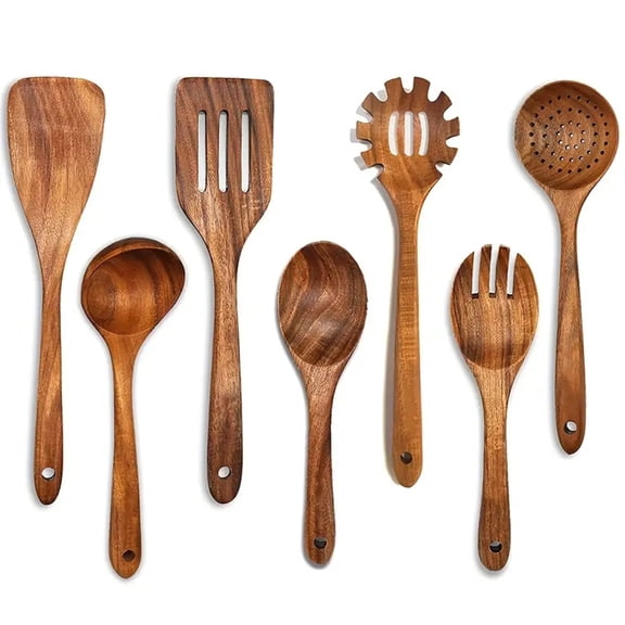 Wooden Utensil Set,Smooth Cooking Utensil Sets 7-Piece,Durable Teak Wooden Utensil Set with Spatula And Ladle