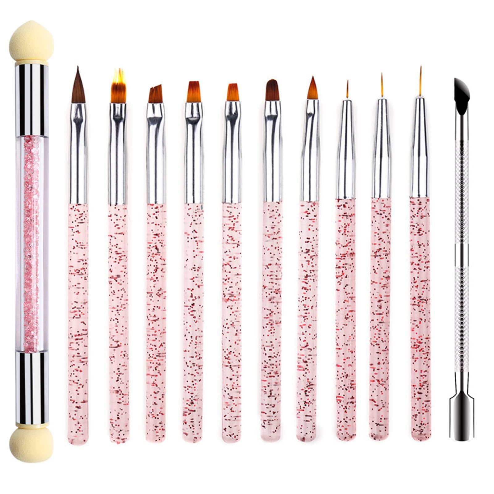 SPOKKI 12pc Nail Art Brush Set - 10 Color Brushes + Sponge Blender + Cuticle Pusher for Gel/Acrylic Nails