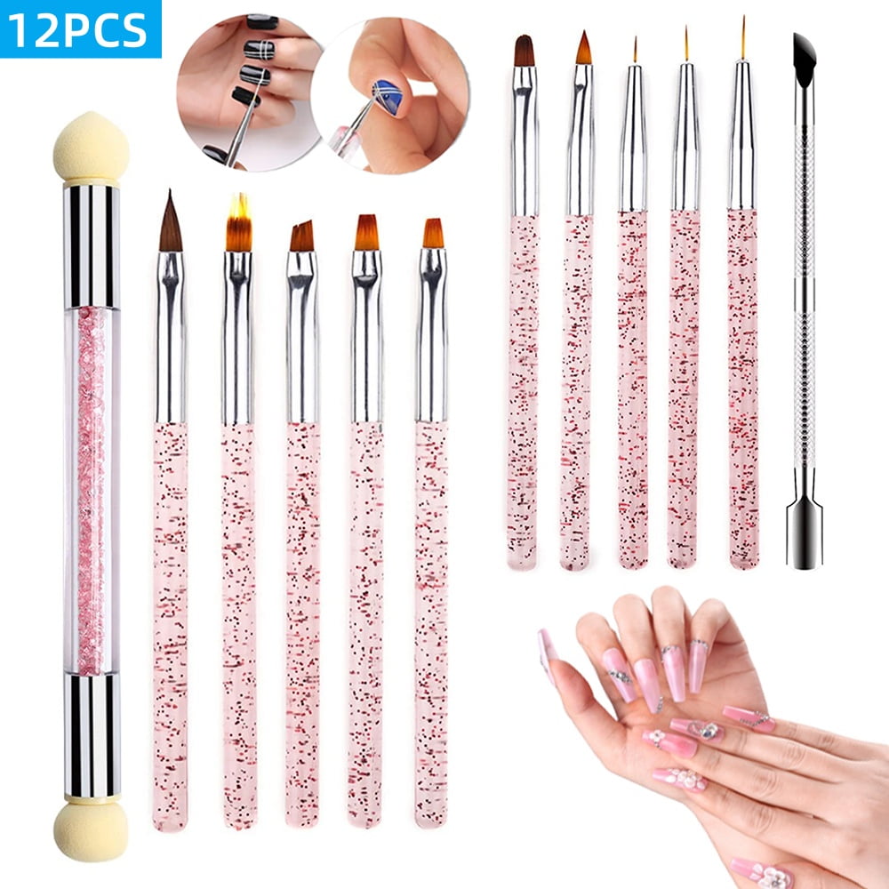SPOKKI 12 Pieces Nail Art Brush Kit - 10 Gel Nail Brush + 1 Sponge Nail Art Brushes + 1 Cuticle Pusher, Acrylic Nail Brush Professional Multipurpose Nail Decoration Pens