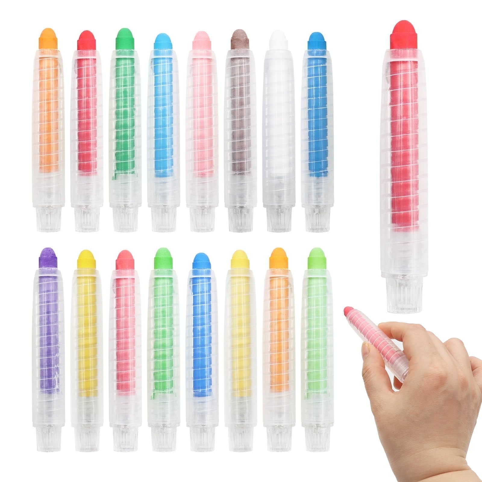 SPOKKI 16 Pieces Dustless Chalk 12 Colors, Colored Chalk with 16 Adjustable Chalk Holders, Water Soluble Washable Chalk, Chalk for Blackboard