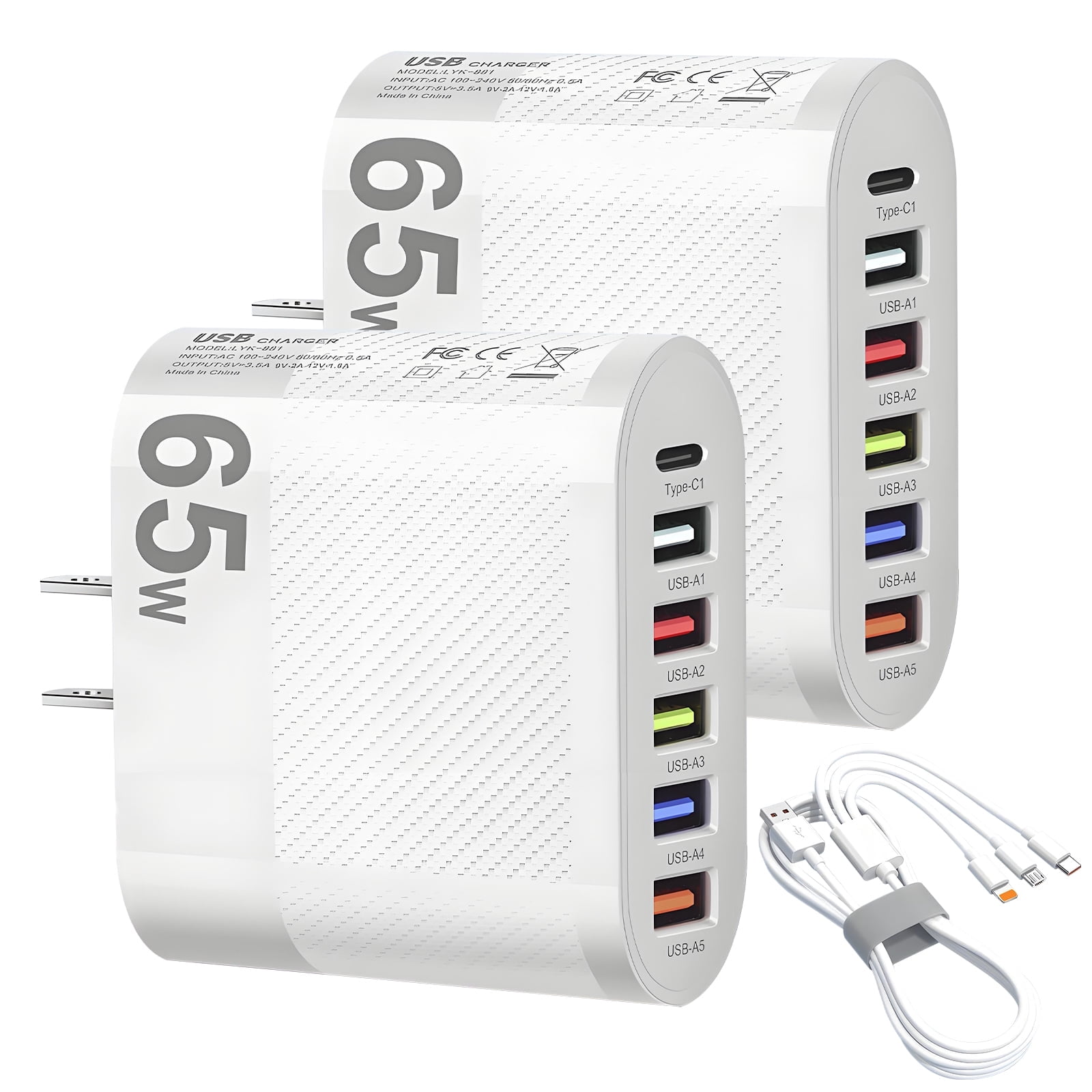 SPOKKI 2-Pack 65W USB C Fast Charger Block with 6 Ports & 3-in-1 Charging Cable, PD GaN Wall Charger Adapter for iPhone 15/14/Pro, Samsung Galaxy, iPad, MacBook, Laptop