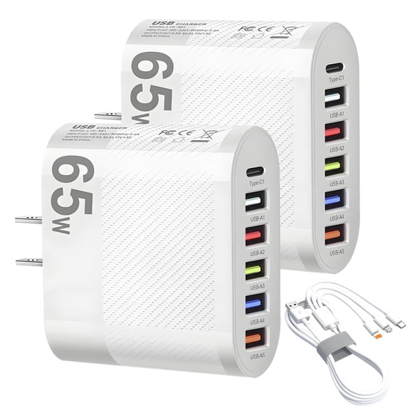 SPOKKI 2-Pack 65W USB C Fast Charger Block with 6 Ports & 3-in-1 Charging Cable, PD GaN Wall Charger Adapter for iPhone 15/14/Pro, Samsung Galaxy, iPad, MacBook, Laptop