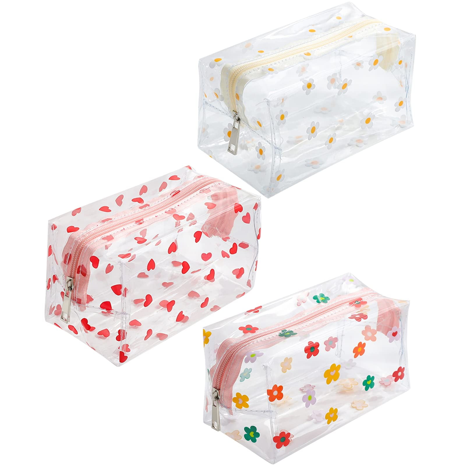 SPOKKI 3 Pcs Clear Makeup Bags, Large PVC Waterproof transparent Cosmetic Bags Cute Heart Daisy Sunflower Pattern for Women Girls Travelling Office School Home