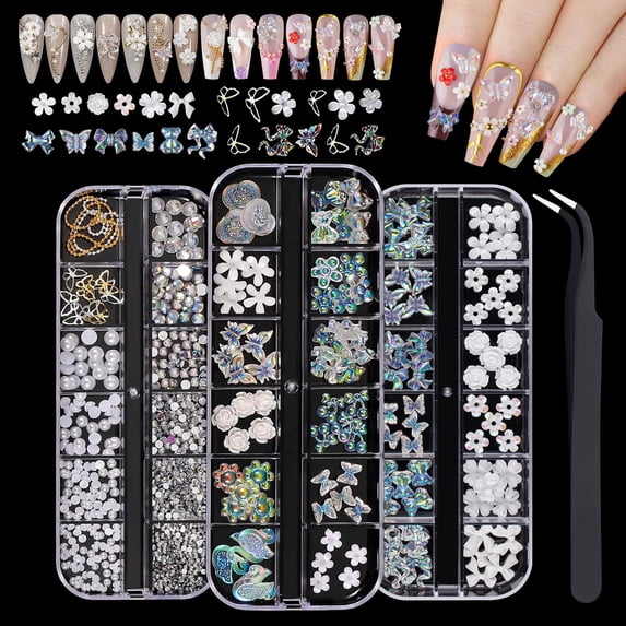 SPOKKI 3D Nail Charms Kit - 3 Boxes Rhinestones, Pearls, Gems with Tweezers for DIY Manicure, Flowers, Butterflies, Bows Nail Art Decorations