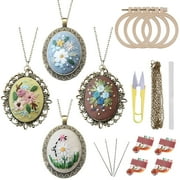 SPOKKI 4 Packs Embroidery Necklace Kit, Embroidery Pendant Kit Mini Cross Stitch Kit with 4 Hoops, Necklace, Pendant, Stamped Pattern Cloth, Instructions, etc., Embroidery Kit for Adults