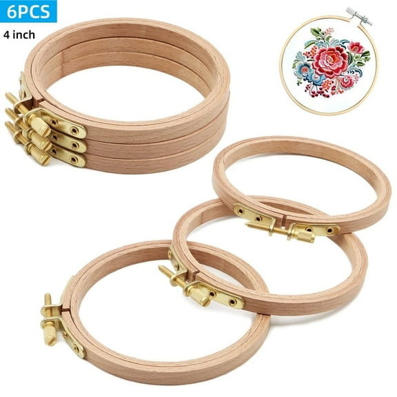 SPOKKI 4 Inch Wood Embroidery Hoops 6 Pack - Beech Wood Craft Hoops for Cross Stitch, Needlework, DIY Decor (4" Round, Smooth Finish)