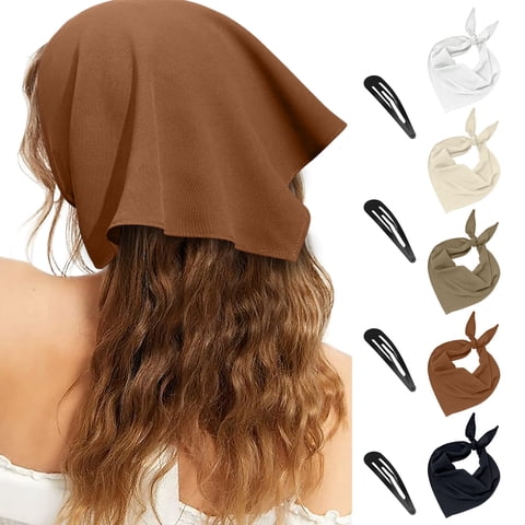 SPOKKI 5 PCS Hair Bandanas for Women, Boho Tie-Back Triangle Head Scarf with 4 Snap Hair Pins, Versatile Hair Scarf Headbands for Daily Wear, Parties, Vacations