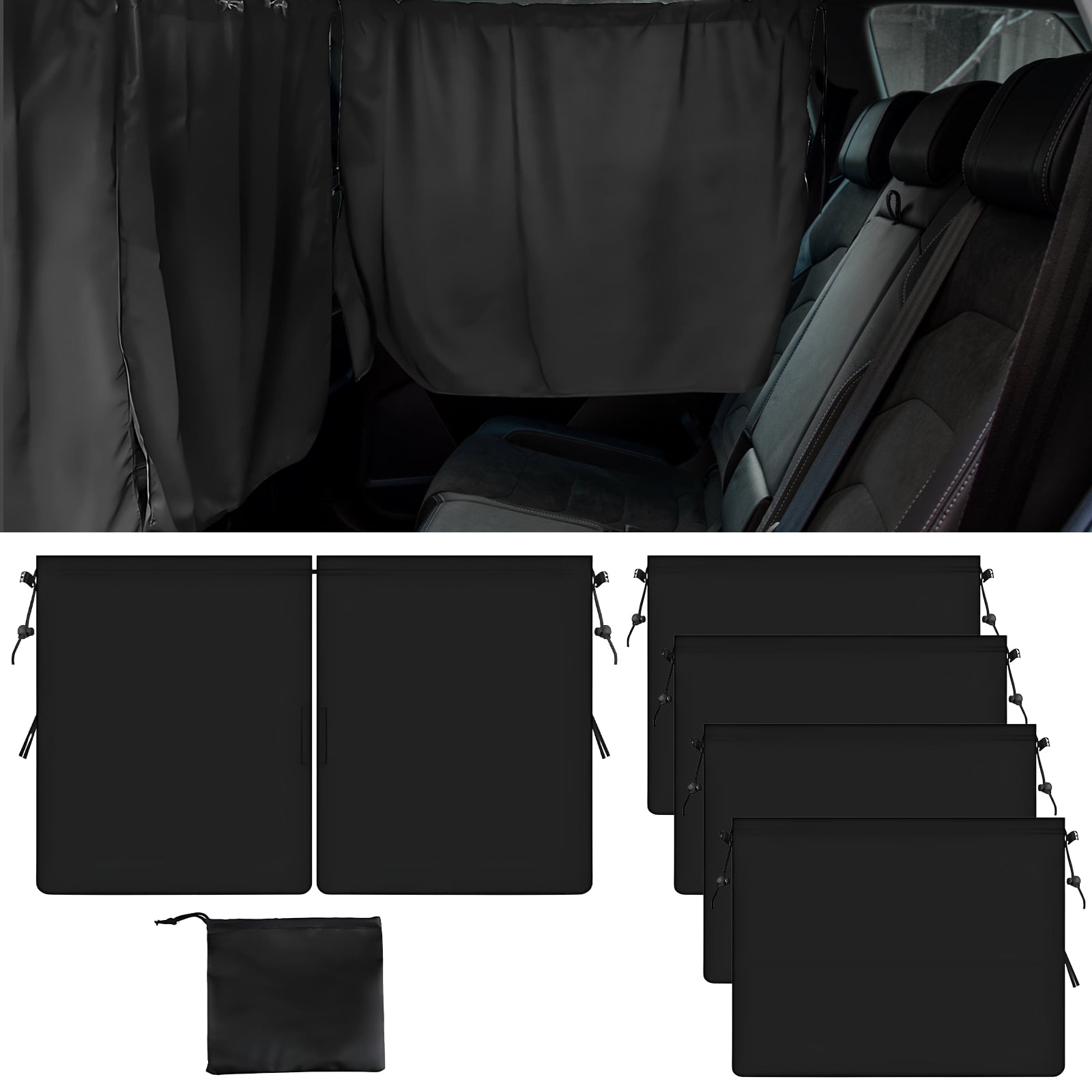 SPOKKI 5 PCS Window Shades Kit1 Privacy Divider Curtains & 4 Side Window Covers, 95% Light Blocking Sunshades for Kids Baby Travel Camping Nap Sleeping