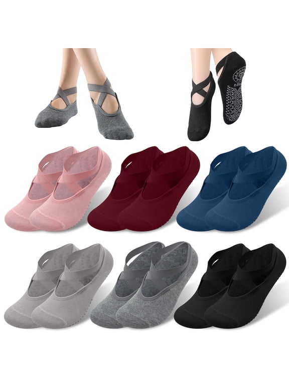 6 Pairs Yoga Socks for Women, Non-Slip Grip Pilates Socks with Cross Straps for Pilates, Barre, Dance, Yoga