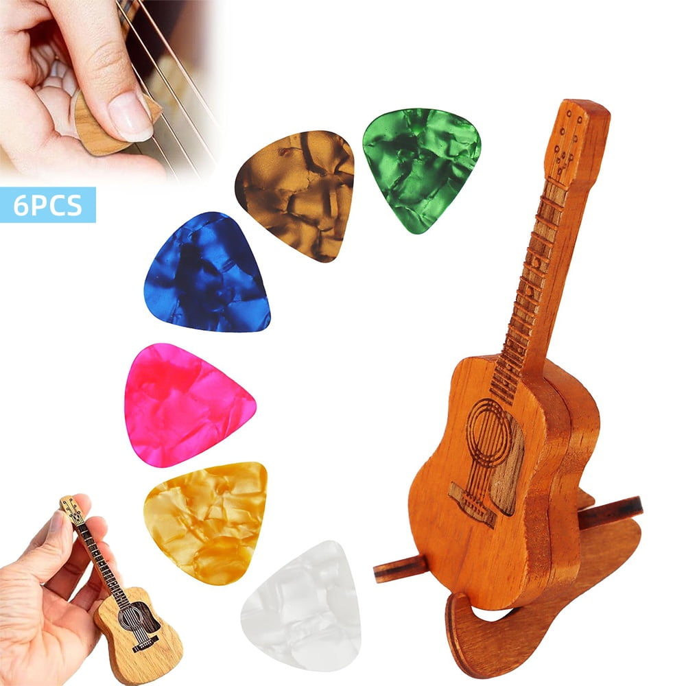 SPOKKI 6PCSWooden Acoustic Guitar Pick Box with Stand, Celluloid Guitar Picks, Guitar Pick Holder Box, Musician Engraved Wooden Plectrum Case, Acoustic Guit