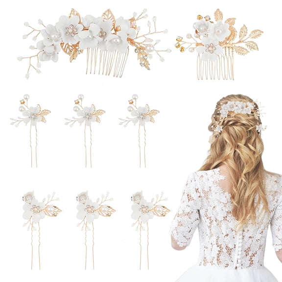 SPOKKI 8 PCS Bridal Hair Accessories, French Hair Side Combs and Hair Pins, Gold Rhinestone Crystal Pearl Wedding Jewelry Headpiece for Brides, Bridesmaids, Women & Girls