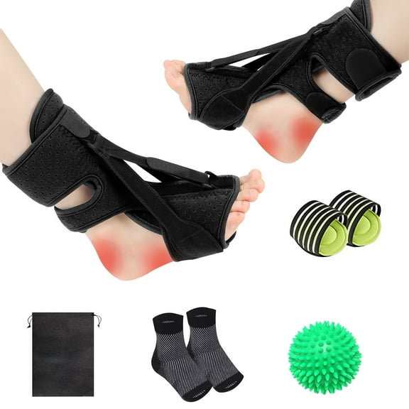 SPOKKI 8 Pcs Plantar Fasciitis Night Splint Kit-2 Pack Plantar Fasciitis Relief Brace with Massage Ball*1, Arch Support*2 and Fasciitis socks*2 (Black)