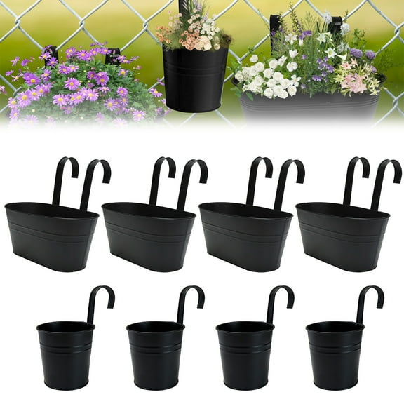 SPOKKI 8Pcs Metal Iron Hanging Flower Pots for Railing,with Detachable Hooks and Drain Holes Oval Hanging Pots Fence Planters for Railing Garden Fence (4pcs 10.6inch+4pcs 4inch