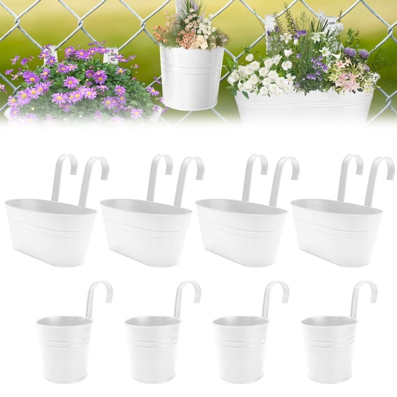 SPOKKI 8Pcs Metal Iron Hanging Flower Pots for Railing,with Detachable Hooks and Drain Holes Oval Hanging Pots Fence Planters for Railing Garden Fence (4pcs 10.6inch+4pcs 4inch)