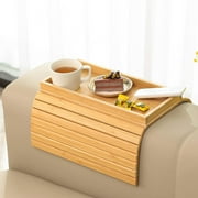SPOKKI Bamboo Sofa Armrest Tray Table - Couch Arm Tray with Detachable Couch Cup Holder Tray - Anti-Slip Foldable Sofa Table Tray for Drinks Cup Cellphone Remote Snacks 18*13.2in