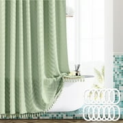 SPOKKI Boho Shower Curtain Waterproof 72x72 Inches with 12 Hooks, Heavy Duty Polyester Fabric, Mold Resistant, Machine Washable, Tassel Fringe for Farmhouse Bathroom Decor (Celadon Green)