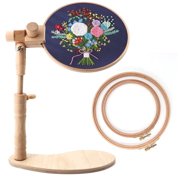 SPOKKI Beech Wood Embroidery Stand with 6 & 8 Inch Hoops, Adjustable Height & 360 Rotatable Cross Stitch Frame, Lap Stand for Hand Embroidery, Needlework Craft (Sturdy & Portable