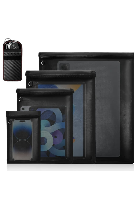 SPOKKI Faraday Bags, 5 Pack Anti-Tracking Faraday Cage, Set of 4 Sizes for Laptops, Tablets, Phones and Car Keys, Fireproof & Waterproof RFID Signal Blocker Faraday Pouch