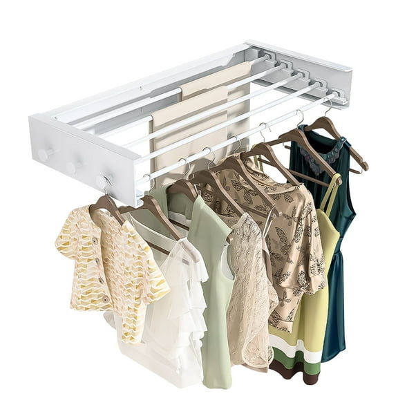 SPOKKI Laundry Drying Rack Collapsible with 6 Pcs Hooks,  Upgrade Heavy Wall Mounted Drying Rack, 5 Aluminium Poles, 31.5 inch