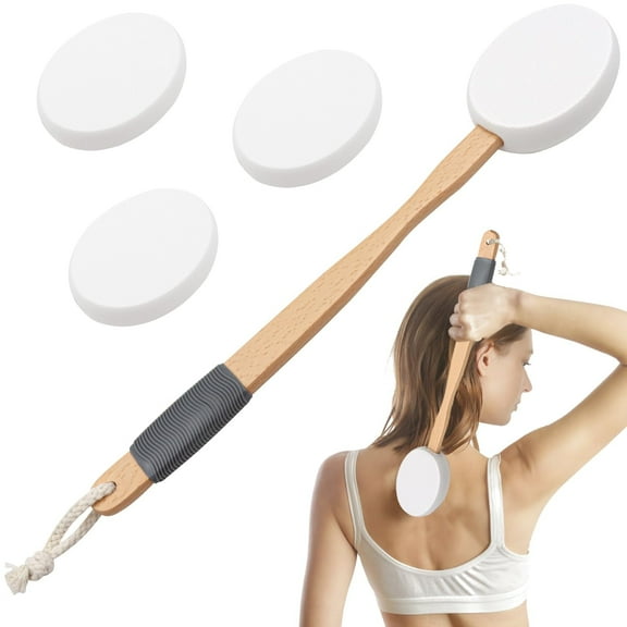 SPOKKI Lotion Applicator for Back 17'' Long Handled Back Cream Applicator with 2 Replacement Pads, Back Applicator for Cream Moisturiser, Long Wooden Handle Back Lotion Applicator for Skincare(White)