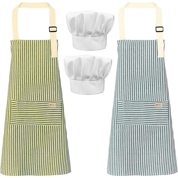SPOKKI Pack of 2 Kitchen Aprons, Kitchen Aprons for Women and Men, Aprons with Pocket, Cooking Apron + 2 Pieces Chef's Hat for Cooking, blue and green