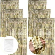 SPOKKI 6 Pcs Metallic Foil Fringe Door Curtain Hanging Decoration, Fringe Curtain 3.2 ft x 6.6 ft Glitter Curtain for Christmas Halloween Birthday Decoration (Champagne Colour)