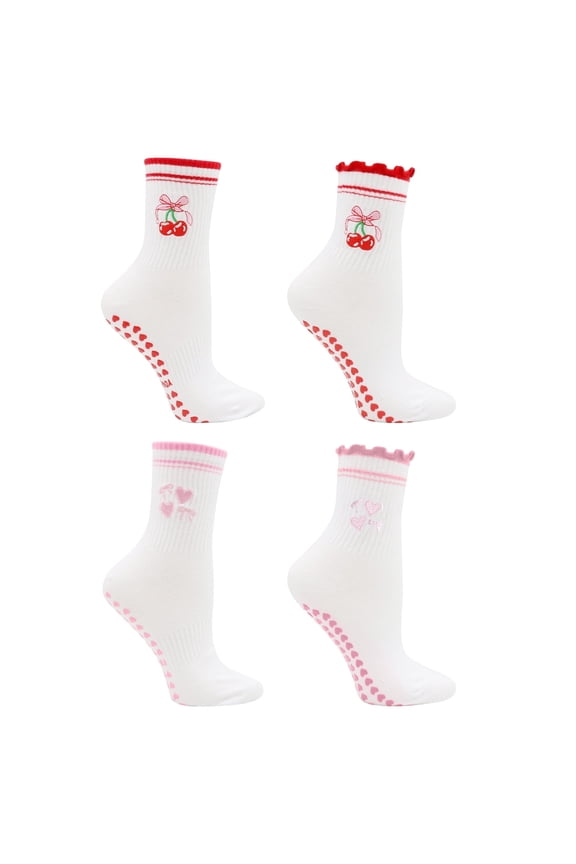 Pilates Grip Socks for Women, Cute Mid-Calf Yoga Socks, Ruffle Cuff Embroidery Pattern Barre Socks(US 5-12)