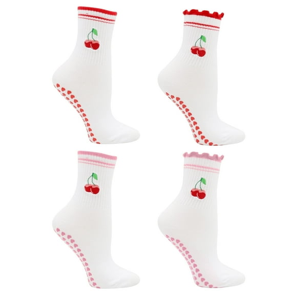 SPOKKI Pilates Grip Socks for Women, Cute Mid-Calf Yoga Socks, Ruffle Cuff Embroidery Pattern Barre Socks(US 5-10)