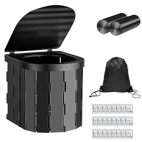 SPOKKI Portable Toilet for Adults, Foldable Camping Toilet with Lid, Includes 2 Rolls Waste Bag and 24 Bags Curing Agents, for Camping, Hiking, RoadTrip, Car, Tent, Truck Drivers