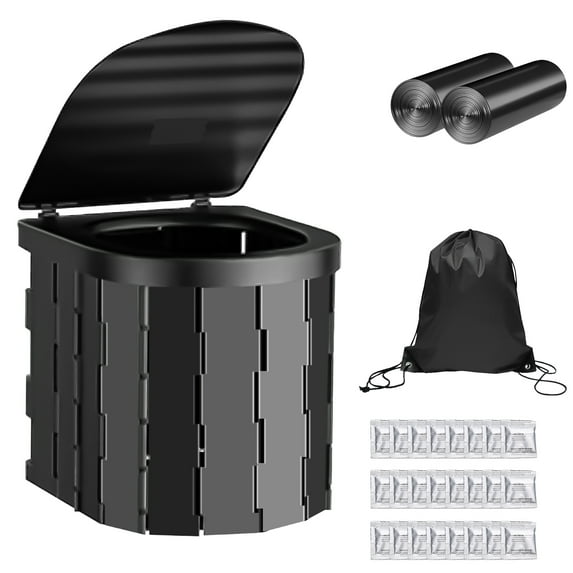 SPOKKI Portable Toilet for Adults, Foldable Camping Toilet with Lid, Includes 2 Rolls Waste Bag and 24 Bags Curing Agents, for Camping, Hiking, RoadTrip, Car, Tent, Truck Drivers