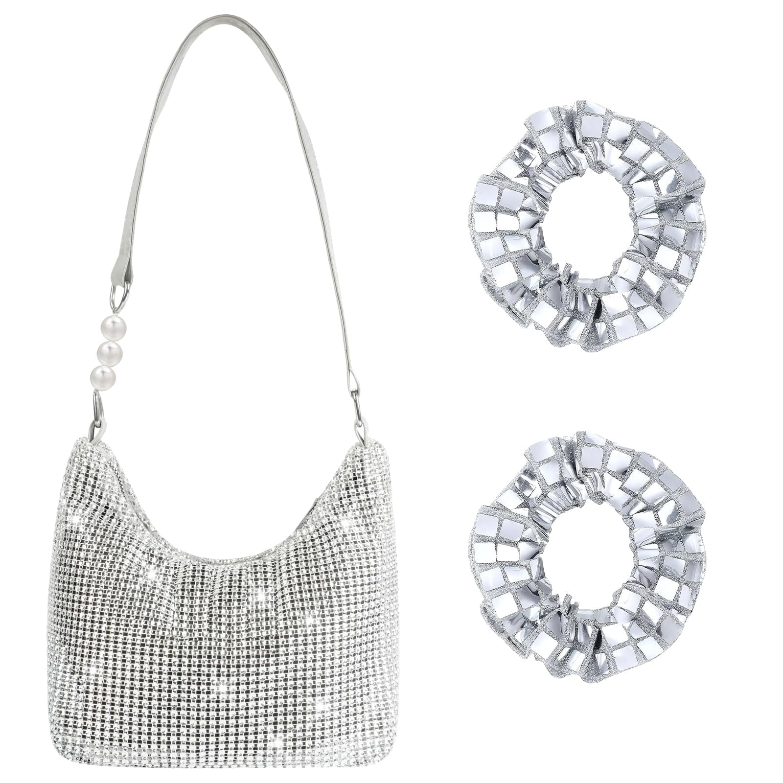 rhinestone shoulder bag and two sparkle scrunchies