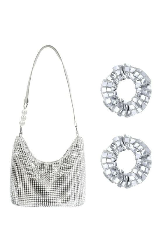 Rhinestone Shoulder Bag for Women, Silver Sequin Party Purse with 2 Sparkly Scrunchies, Vintage Evening Clutch for Wedding Prom Birthday Dinner, Gift for Her