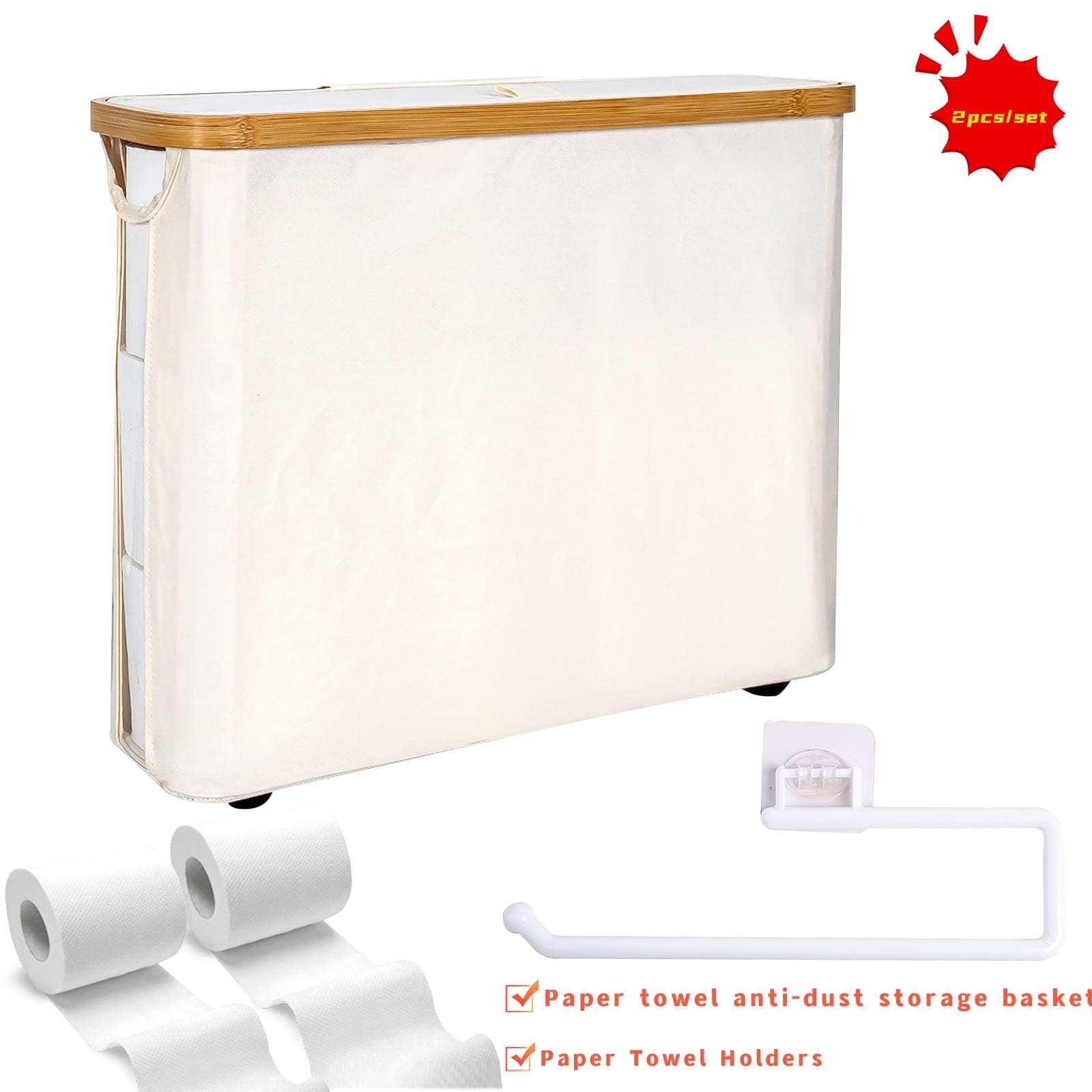 SPOKKI Bamboo Toilet Paper Holder with Lid & Gray No-Drill Tissue Shelf Bathroom Storage Organizer for 9-12 Rolls, Space-Saving, Foldable (White, 17.7 x 5.9 x 14.6 in)