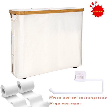 SPOKKI Bamboo Toilet Paper Holder with Lid & Gray No-Drill Tissue Shelf – Bathroom Storage Organizer for 9-12 Rolls, Space-Saving, Foldable (White, 17.7 x 5.9 x 14.6 in)