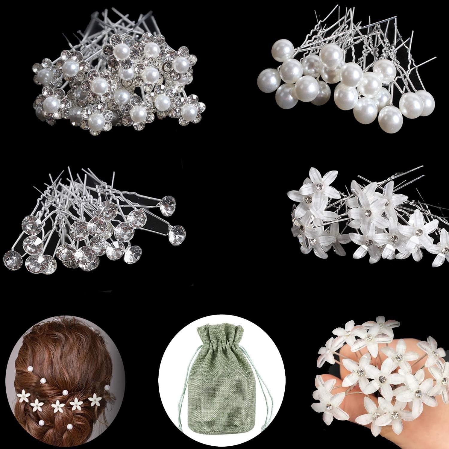 SPOKKi 50 Pieces Rhinestone Wedding Hair Accessory, U-Shaped Jewelry Wedding Flower Hair Clip, Women's Pearl Wedding Hair Pin, Wedding Hair Accessory for Wedding Hairstyle (A)