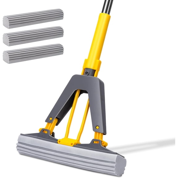 SPONGE MOP WITH SELF SQUEEZE AND 3 PVA ABSORBENT REFILLS, 52'' STAINLESS STEEL HANDLE FOR KITCHEN BATHROOM OFFICE HARDWOOD LAMINATE FLOOR CLEANING