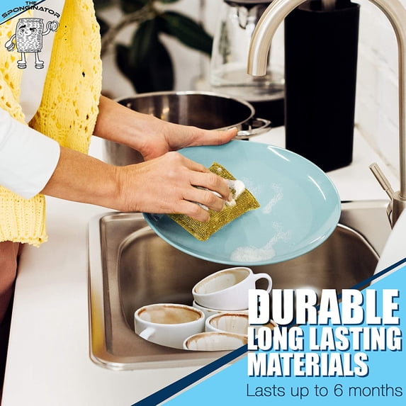 SPONGENATOR Kitchen Scrubbing Sponges - Heavy Duty Non Scratch Scrubbing Cleaner Sponges in 2 Colors - Multi Surface Non Metal Dish Scouring Scrubbers for Fast Cleaning (Gold & Silver, 6)