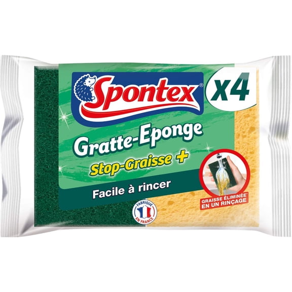 SPONTEX - Grease Stopper Sponge Scraper + 4 Green Scouring Sponges Anti-Grease Protection