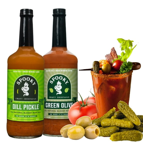 SPOOKY Bloody Mary Mix Variety Pack - Dill Pickle & Green Olive - Low Carb, Calorie, GF- 32 oz (2pk)