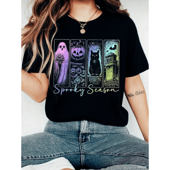 SPOOKY SEASON Nightmare Before Christmas Halloween Clothes, Women Casual Round Neck Short Sleeve T-Shirt With Ghost Pattern, Autumn