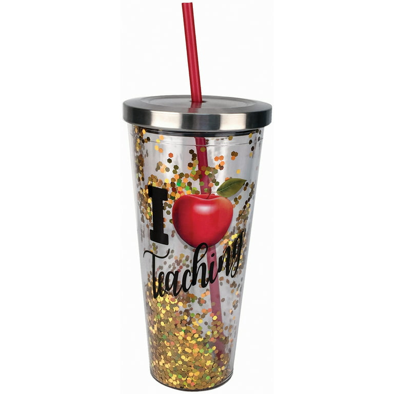 Spoontiques 21313 Teacher Glitter Cup with Straw, Gold