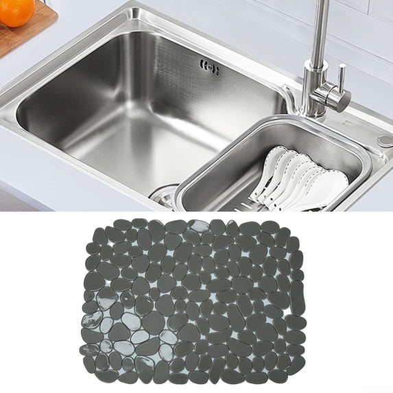 SPOORYYO 1 Pack Sink Mat for Kitchen Sink, Charcoal Gray PVC Protector with Pebble Design, Dish Drying Mat for Stainless Steel and Porcelain Sinks, 15.8 x 12 Inch