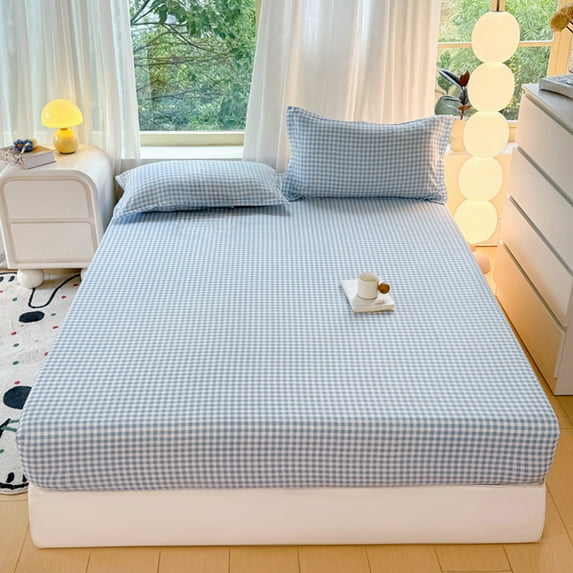 SPOORYYO 1PC Washable Polyester Bed Cover - Light Colored Checkered Solid Color Sheet, 150x200cm (59.06x78.74in), Available in Light Blue/P-ink/Orange/Khaki/Green, Easy Care