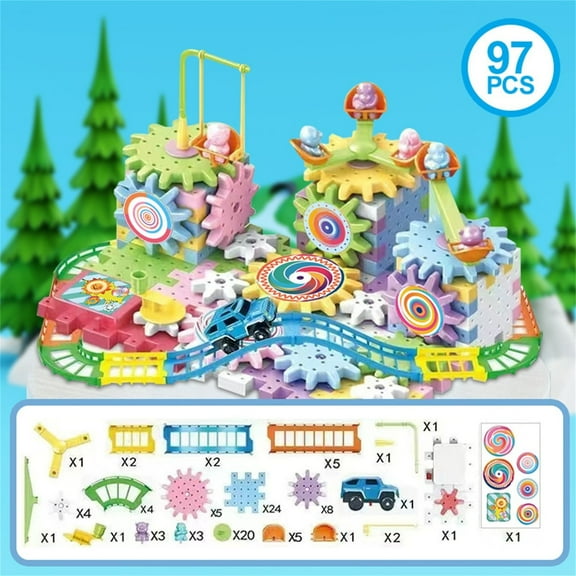 SPOORYYO 97pc DIY Building Block Wheel Rotating Track Car Toy for Children's Early Assembly and Parent-Child Interaction