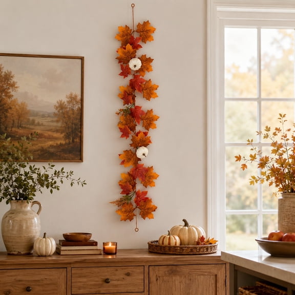 SPOORYYO Autumn Artificial Maple Leaf Garland for Home Decor, Perfect for Thanksgiving and Halloween