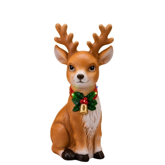 SPOORYYO Christmas Light Up Reindeer Statue Sitting Deer Figurine with LED Holly Collar Battery Operated Holiday Outdoor Indoor Decor