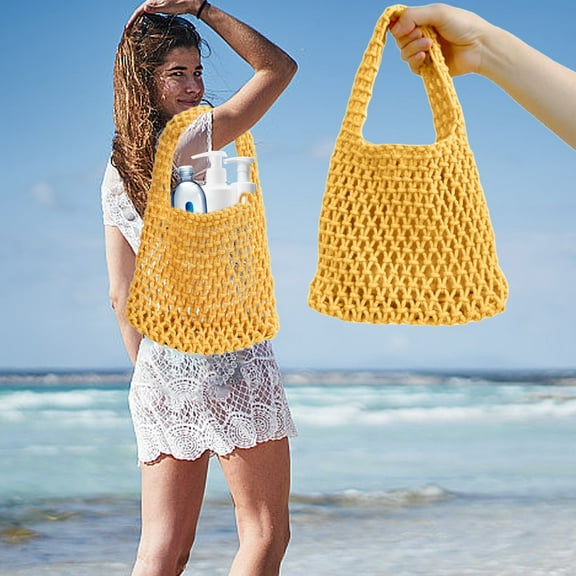 SPOORYYO Crochet Mesh Tote Beach Bag Woven Hollow Out Handbag,Candy Color Cotton Rope Handbag Hand-woven Bag Women's Hollow Mesh Bag Beach Vacation