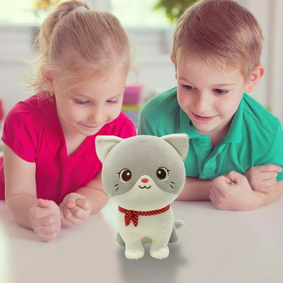 SPOORYYO Cute Gray Pussycat Toy - Soft Plush Cat Doll with Scarf, Home Decoration & Birthday Gift for Boys and Girls